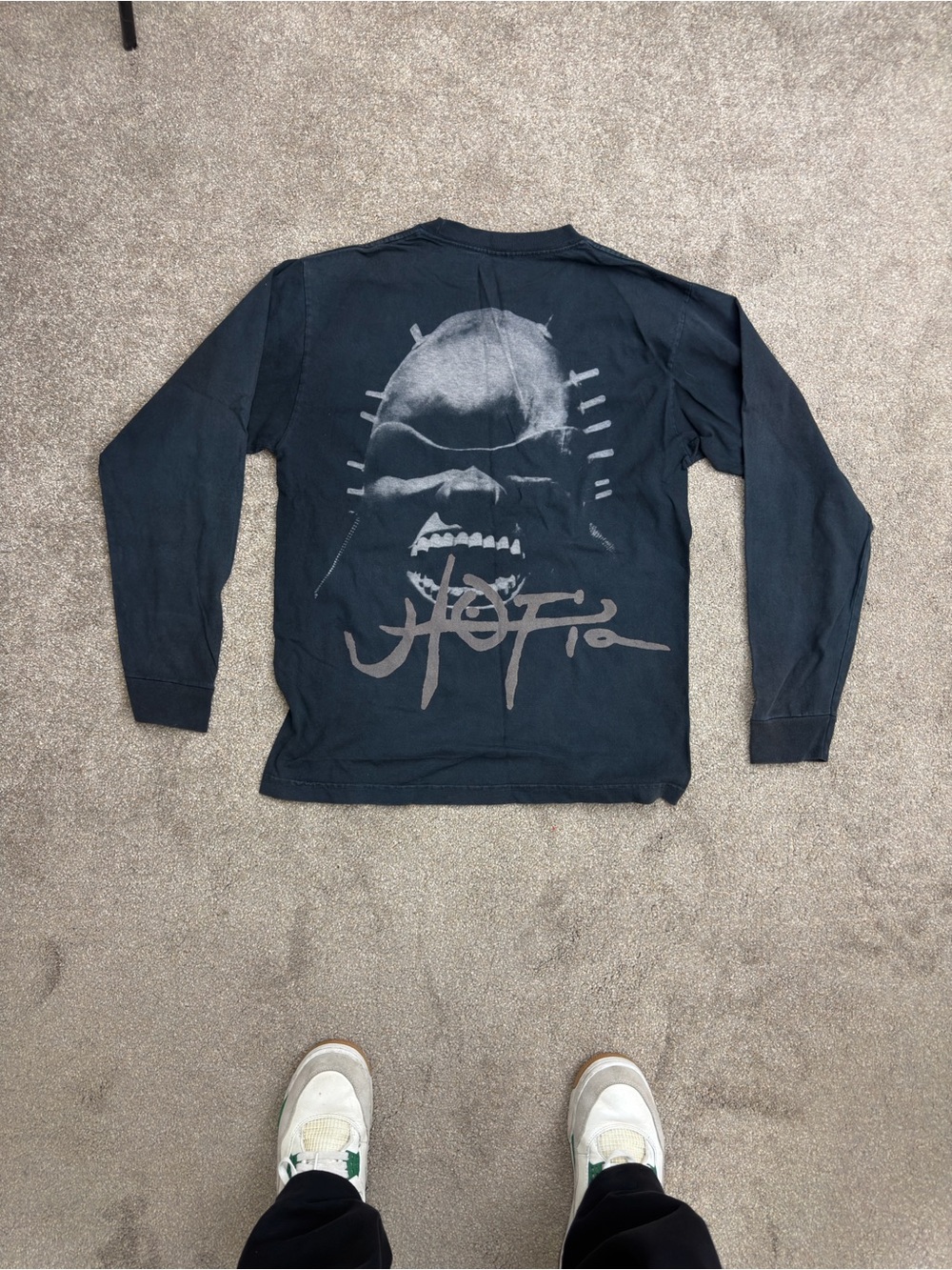 Travis Scott Black Long Sleeve Tee with Large Gray Skull Graphic